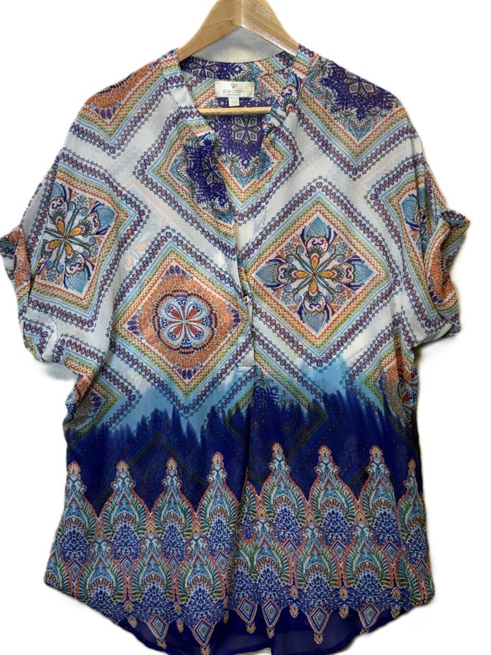 Piarossini Resort Wear Blouse M/L Boho Tunic Sheer Colorful Print Top